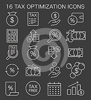 Tax optimization icon dark or night mode set. Simple symbols of financial