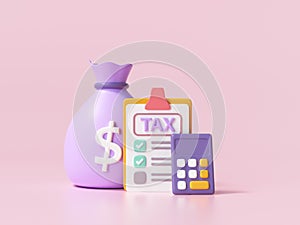 Tax payment and business tax concept. Money bags, calculator and tax form on pink background. 3d render illustration