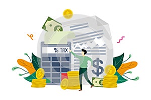 Tax payment, calculation tax return, payment of debt, tax deduction concept vector flat illustration template