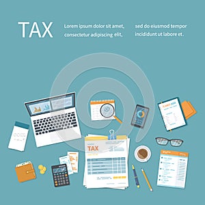 Tax payment concept. State Government taxation, calculation of tax, return. Invoice, bill paying. Tax form, calendar, magnifier.