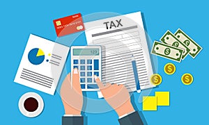 Tax payment design, accountant with report and a calculator checks money balance. Financial reports statement and documents