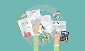 Tax payment design, accountant with report and a calculator checks money balance. Financial reports statement and documents