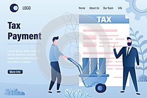 Tax payment landing page template. Paper document,businesspeople pay taxes