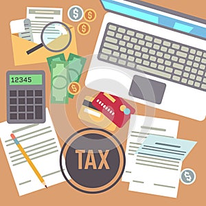 Tax payment, savings, calculation, income declaration, taxation, state taxes flat vector concept