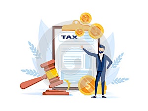 Tax payment stages. Tax office visiting, debt paying, fine and surcharge repayment. Revenue agency, pay a balance owed.