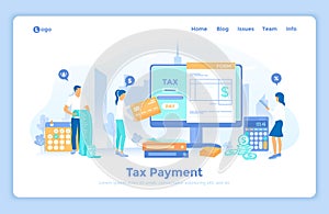Tax payment. State Government taxation, calculation of tax return. Online payment service. People count bills and pay online