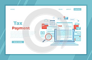 Tax payment. State Government taxation, calculation of tax return. Tax form, financial calendar, magnifying glass, money, credit c