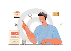 Tax payment vector illustration. Government taxation concept. Data analysis, paperwork, financial research, report.