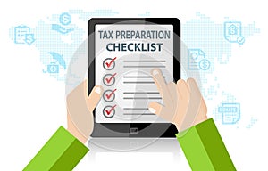 Tax Preparation Checklist on Tablet Infographic. Tax Return Deduction Concept