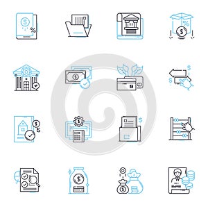 Tax preparation linear icons set. Deductions, Returns, Income, Refunds, Forms, Credits, Filing line vector and concept