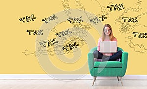 Tax problem theme with woman using a laptop