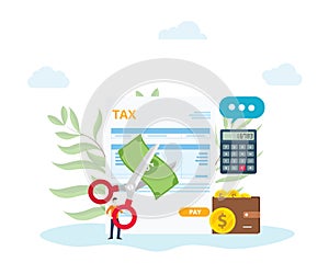 Tax reduction or deduction concept with people cutting money on front of tax document