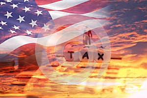 Tax Reform concept and calculator businessman finances - United States taxes on imports of goods in export and import logistics