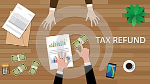 Tax refund concept illustration with two people discuss on a table with paperworks, money and folder document on top of