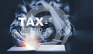 TAX REFUND and refund tax of duty taxation business, graphs and chart being demonstrated on the screen media