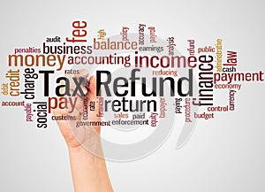 Tax Refund word cloud and hand with marker concept