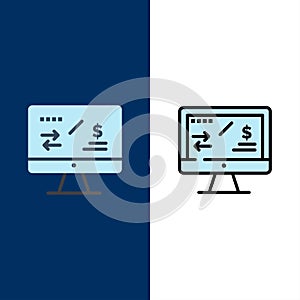 Tax Regulation, Finance, Income, Computer  Icons. Flat and Line Filled Icon Set Vector Blue Background