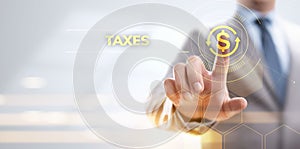 Tax report taxes payment business finance concept. Businessman pointing on virtual screen.