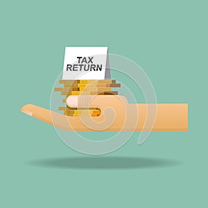 Tax return concept,coin and tax return sign on hand.