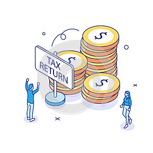 Tax return concept Isometric vector illustration. Characters preparing documents for tax calculation, making income tax