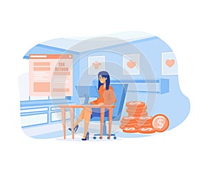 Tax Return Concept. Tiny Businesswoman Character Sitting at Workplace Desk with Computer near Huge Taxation Refund Document.
