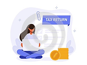 Tax return illustration concept. Girl with laptop issues tax refund. Stacks of coins on background of financial document