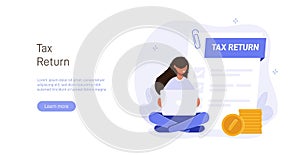 Tax return illustration concept. People issue tax refund against the background of monitor screen with document, stack