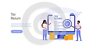 Tax return illustration concept. People issue tax refund against the background of monitor screen with document, stack