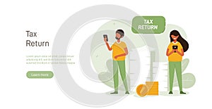 Tax return illustration concept. People issue tax refund against the background of monitor screen with document, stack