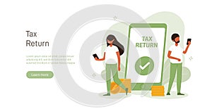 Tax return illustration concept. People issue tax refund against the background of monitor screen with document, stack