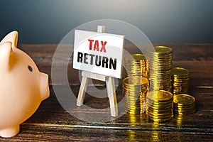 Tax return. Piggy bank and coins. Request refunds for the overpayment of taxes. Benefits and educational programs. Replenishment