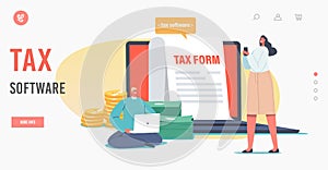 Tax Software Landing Page Template. Online Payment. Woman Filling Application Form. Man with Laptop Make E-filling