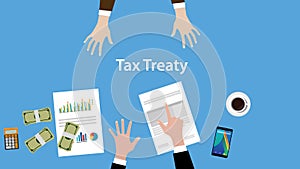 Tax treaty concept illustration with two business man negotiate on the table view from top photo