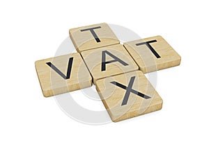 TAX VAT, words written with wooden letters, isolated on white background