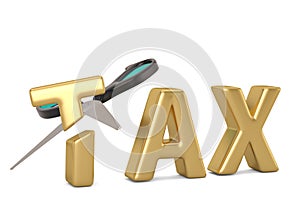 Tax word and scissors tax cut concept isolated on white background 3D illustration.