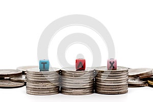 TAX word on the stack of coin on white background