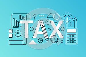 Tax word trendy composition banner. Outline stroke tax payments, financial law consulting, refund, business income