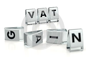 TAX word written on glossy blocks and fallen over blurry blocks with PROFIT letters. High VAT tax reduces companies` gains -