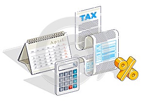 Taxation concept, tax form or paper legal document with and calendar opened on April month isolated on white background. Isometric