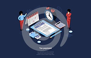 Taxation Payment Conceptual Vector Illustration In Cartoon 3D Style. Isometric Composition Of Two Male Characters, Tax