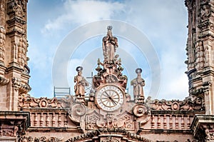 Taxco, Mexico - October 29, 2018. Details of main cathedral of Santa Prisca in Taxco