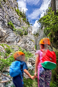 Taxenbach Kitzlochklamm, children watching  a deep gorge with beautiful nature scenery near Zell am See, Salzburgerland, Austria