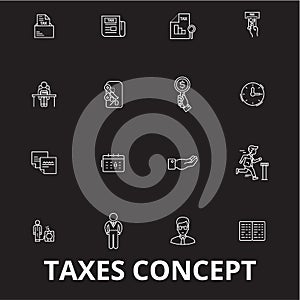 Taxes editable line icons vector set on black background. Taxes white outline illustrations, signs, symbols