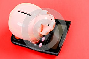 Taxes and fees concept. Tax savings. Piggy bank money savings. Investing gain profit. Calculate taxes. Piggy bank pig