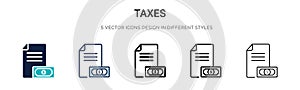 Taxes icon in filled, thin line, outline and stroke style. Vector illustration of two colored and black taxes vector icons designs