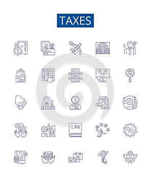 Taxes line icons signs set. Design collection of Levy, Duty, Tariff, Excise, Deduction, Withholding, Collection, Revenue