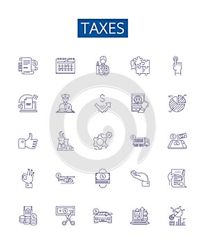 Taxes line icons signs set. Design collection of Levy, Duty, Tariff, Excise, Deduction, Withholding, Collection, Revenue