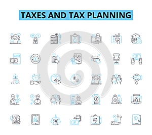 Taxes and tax planning linear icons set. Deductions, Refunds, Returns, Income, Filing, Credits, Audits line vector and