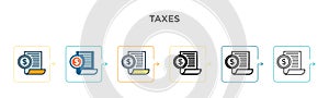 Taxes vector icon in 6 different modern styles. Black, two colored taxes icons designed in filled, outline, line and stroke style