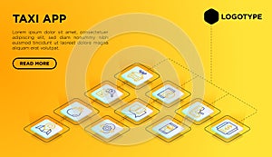 Taxi app web page template with thin line isometric icons: payment method, promocode, app settings, info, support service, phone